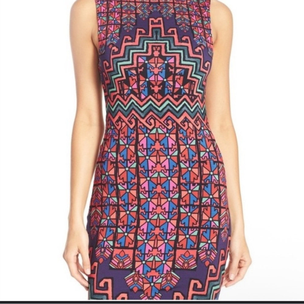 Mara Hoffman Blue and Pink Sheath Midi Dress Crew Neck Sleeveless Cocktail